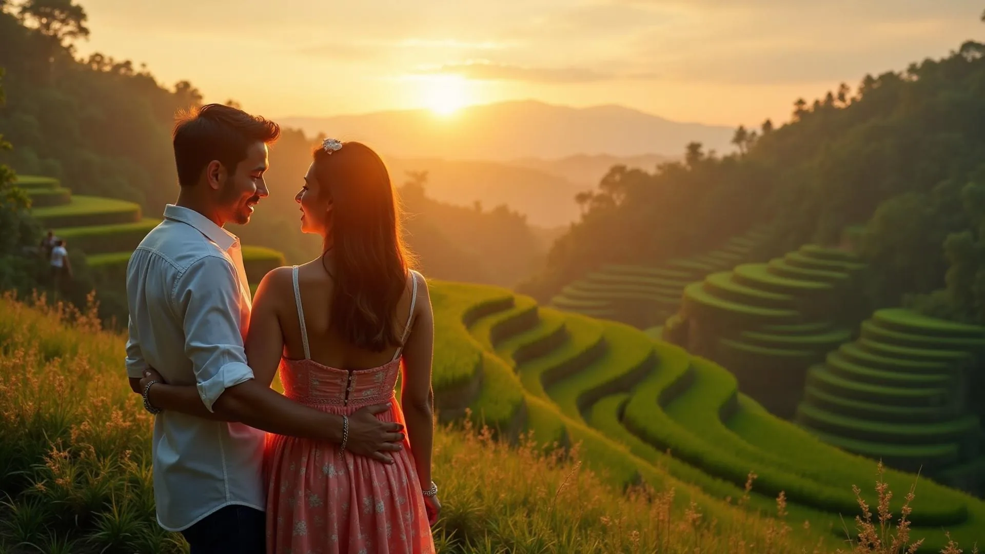 Romantic couple watching sunset over the Bali rice terraces